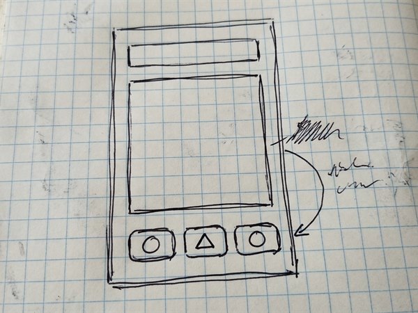 方眼ノートにボールペンで描かれた、アプリ画面のラフスケッチ