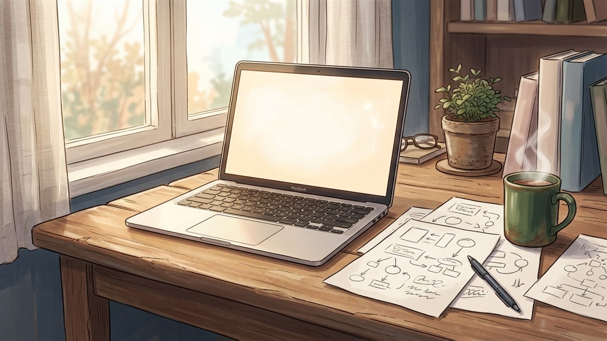 ノートパソコンと、手描きのラフスケッチが置かれた机