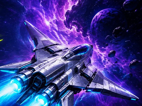 紫の星雲を背に、青い炎を噴いて飛ぶ宇宙戦闘機