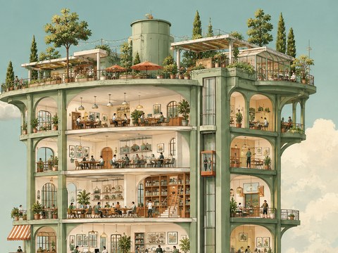 断面になったビルの各階に、オフィスやカフェ、屋上庭園が並ぶ様子