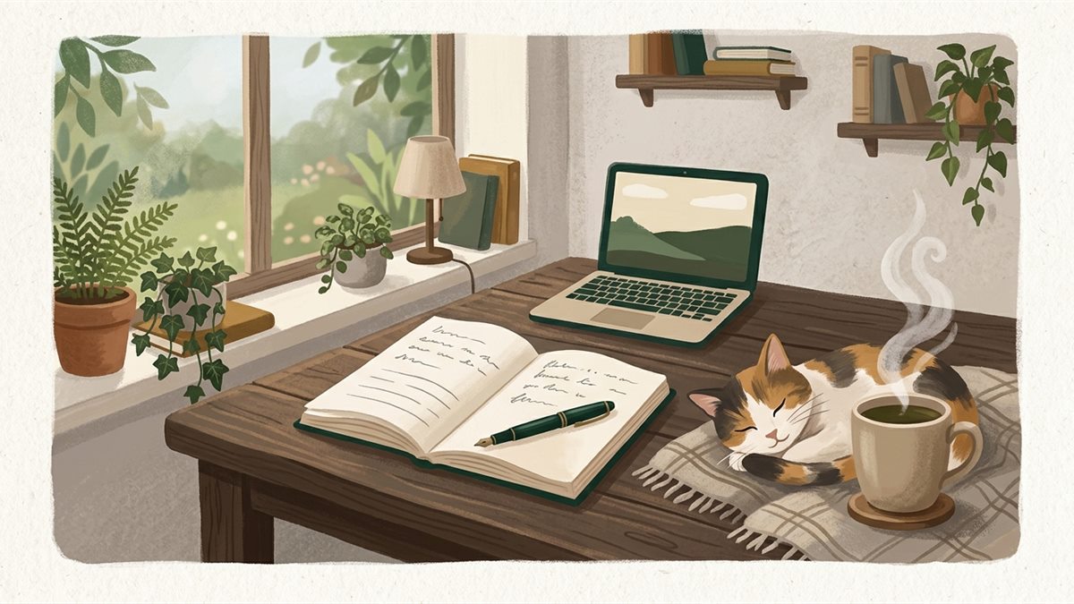 机の上のノートとマグカップ、眠る猫