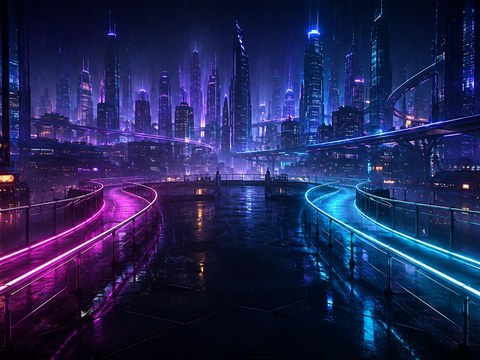 ネオンに彩られた夜の都市と、ピンクと水色の光の道